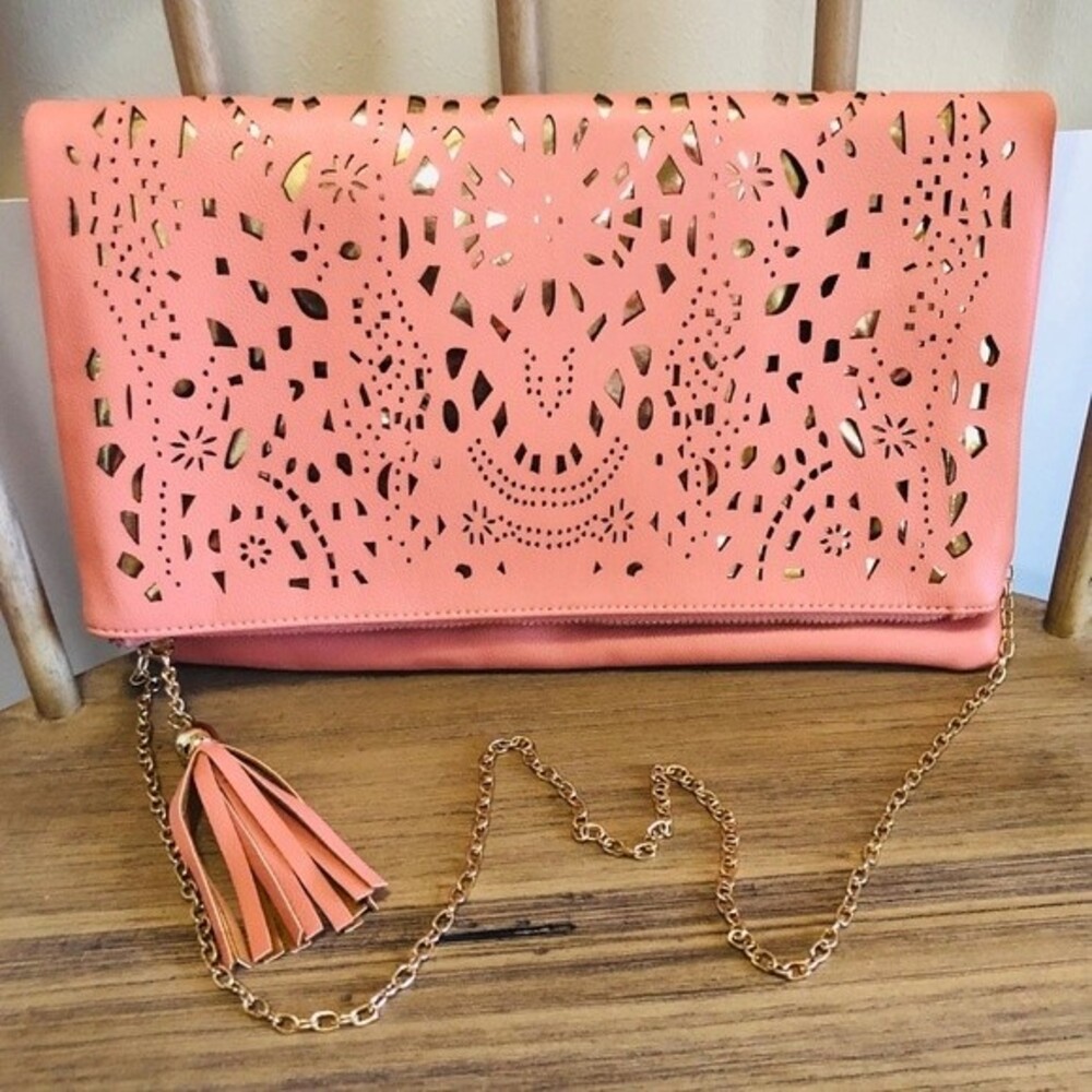Salmon Fold Over Clutch/Crossbody Bag with Gold Laser Cutouts - Picture 1 of 9